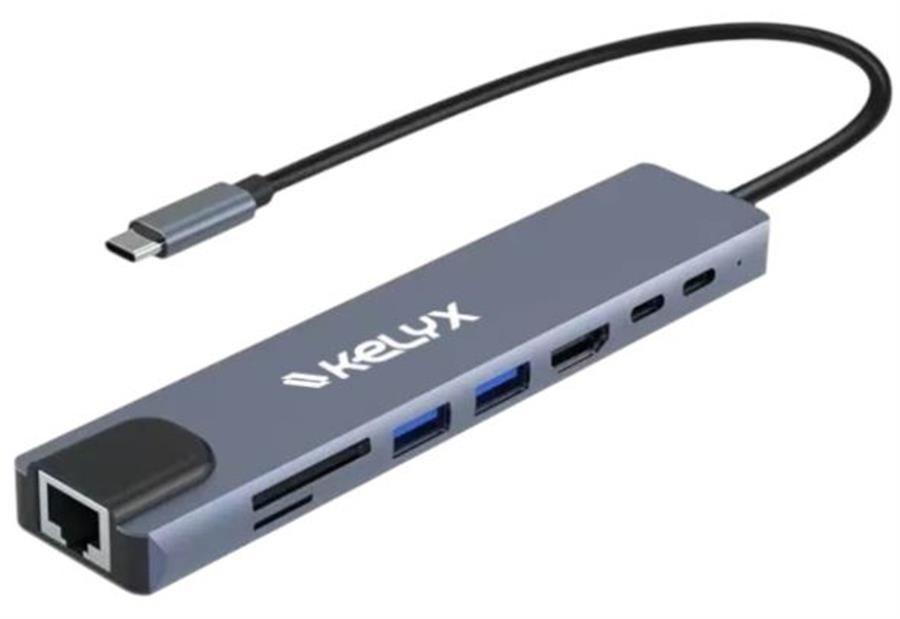 Hub 8en1 Type C HDMI SD USB 2.0 x2 / USB 3.0 x2 RJ45 Kelyx