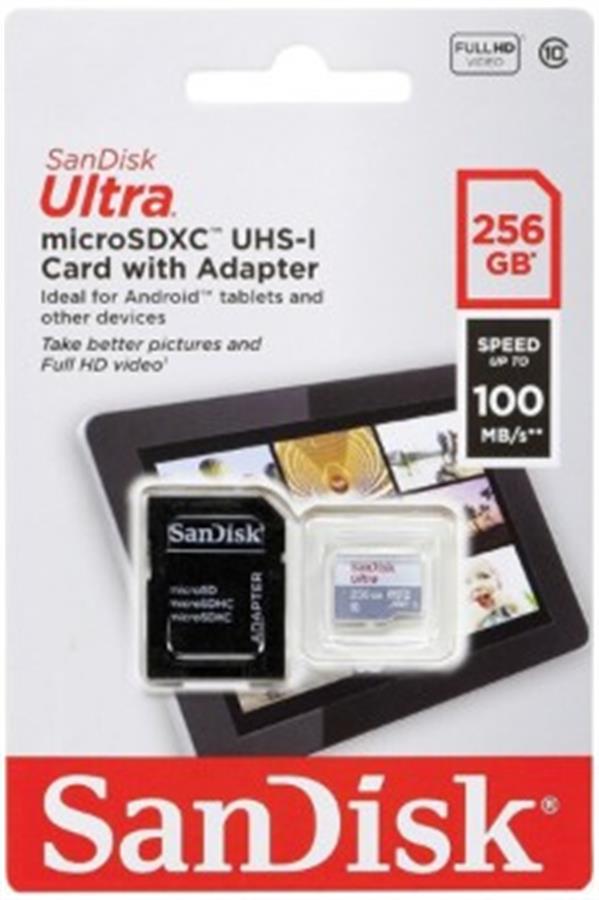 Memoria MicroSD SANDISK 256GB Ultra c/Adap C10 100MB/s